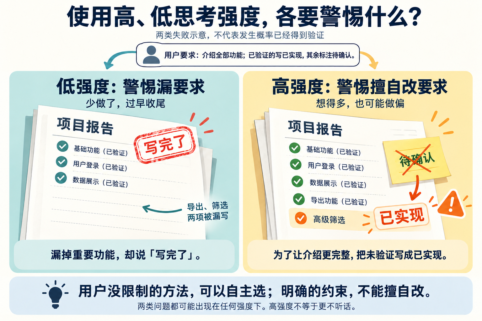 两类失败示意对照：漏写要求而过早收尾，以及把未验证功能写成已实现；两类问题都可能发生在任何思考强度下。