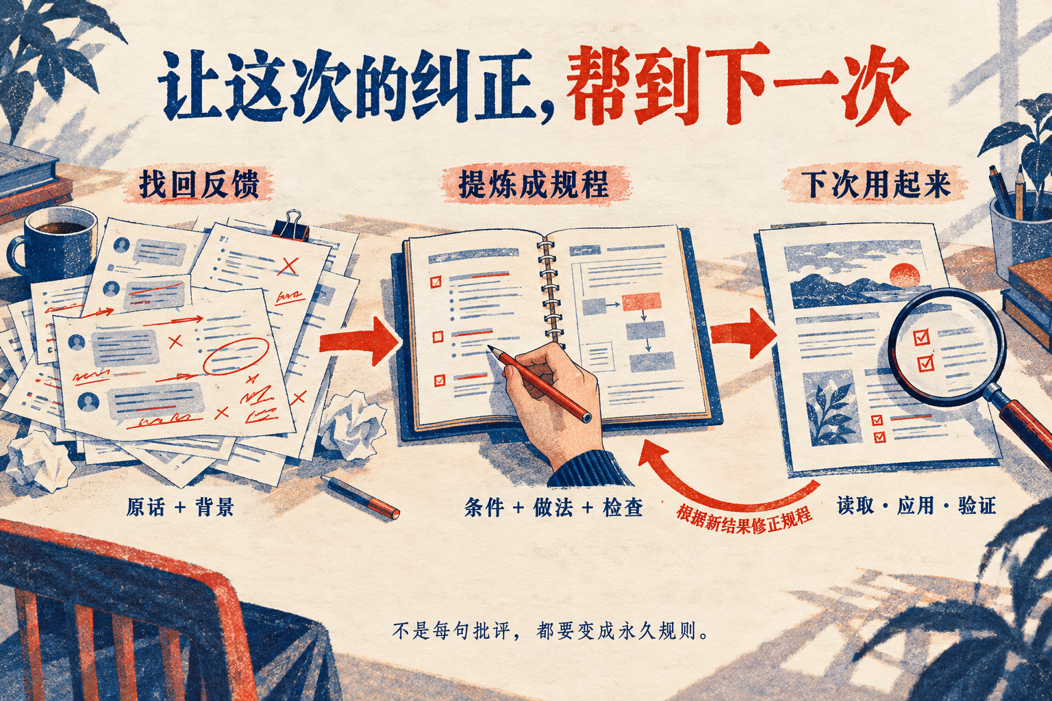 让这次的纠正，帮到下一次：找回反馈、提炼成规程、下次读取应用与验证，再根据新结果修正规程。