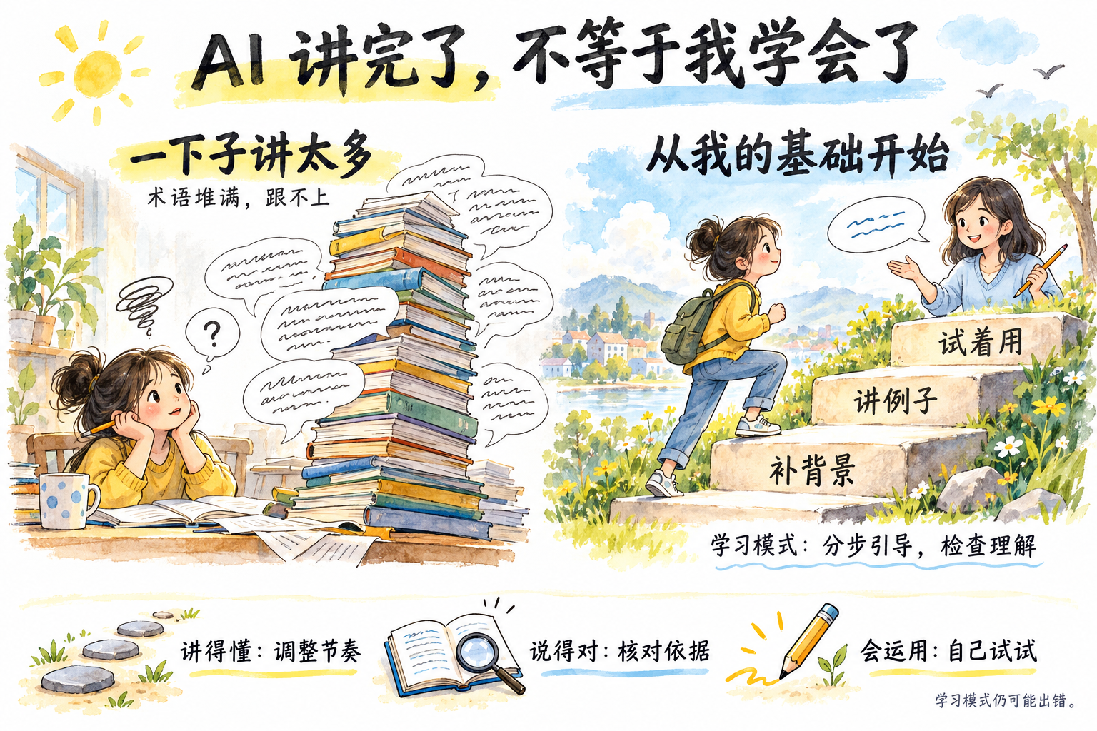 AI 讲完了，不等于我学会了：从基础出发，补背景、讲例子、试着用；分别检查讲得懂、说得对、会运用。学习模式仍可能出错。
